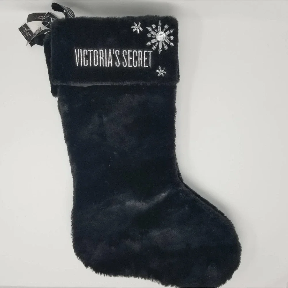 Victoria's Secret Bling Christmas Black Velvet Plush Stocking Boot NEW - Picture 1 of 7